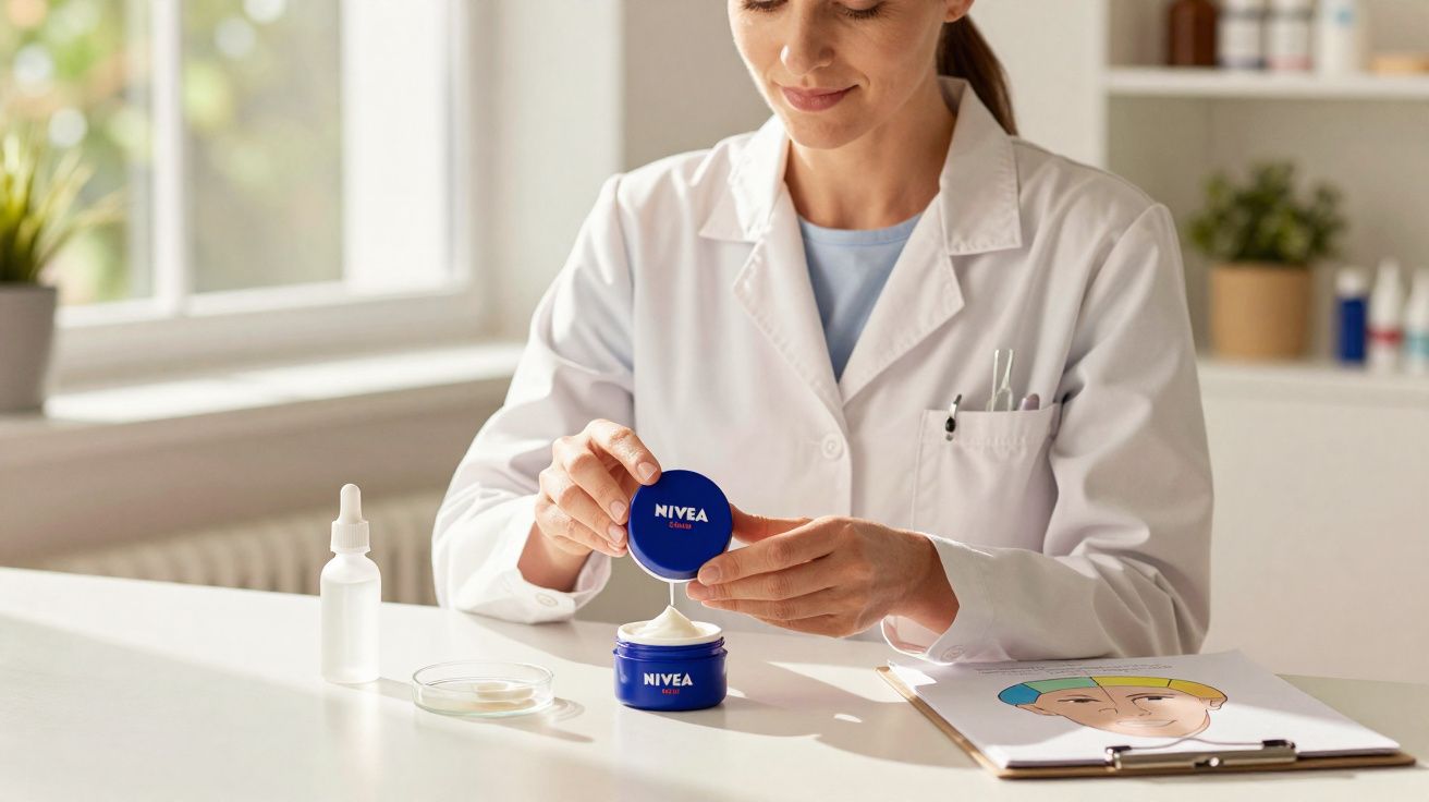 Mulher com jaleco branco abre pote de creme Nivea em mesa clara iluminada por luz natural.