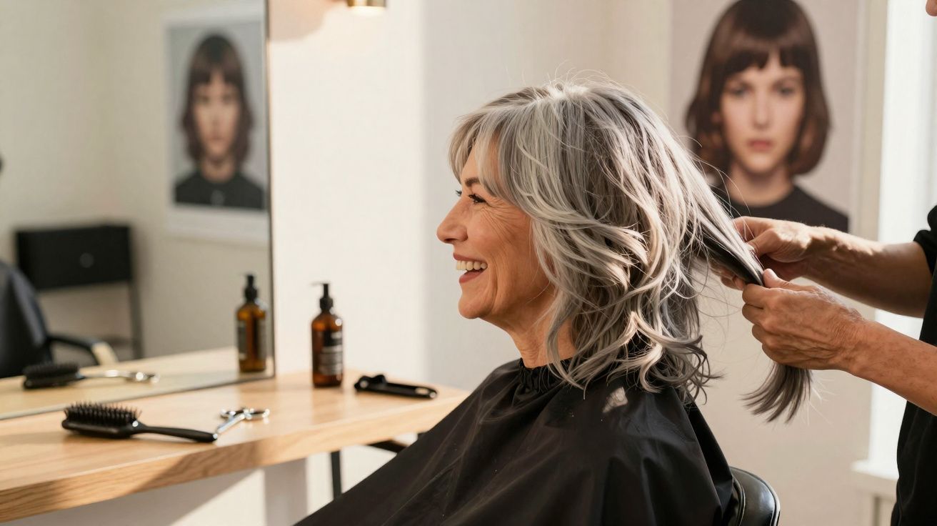 Mulher sorrindo recebendo corte de cabelo em salão, com cadeira e espelho ao fundo.