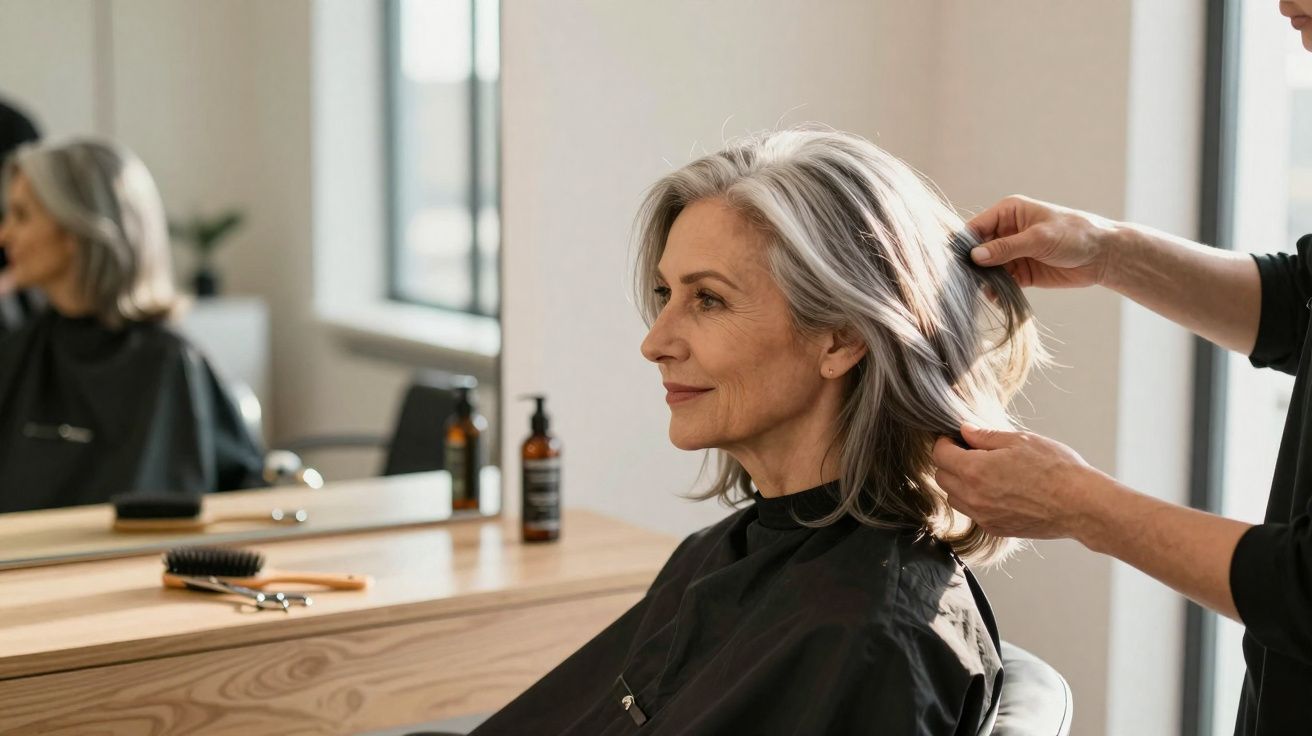 Mulher idosa com cabelo grisalho sendo penteada em salão de beleza, sentada em cadeira diante de espelho.