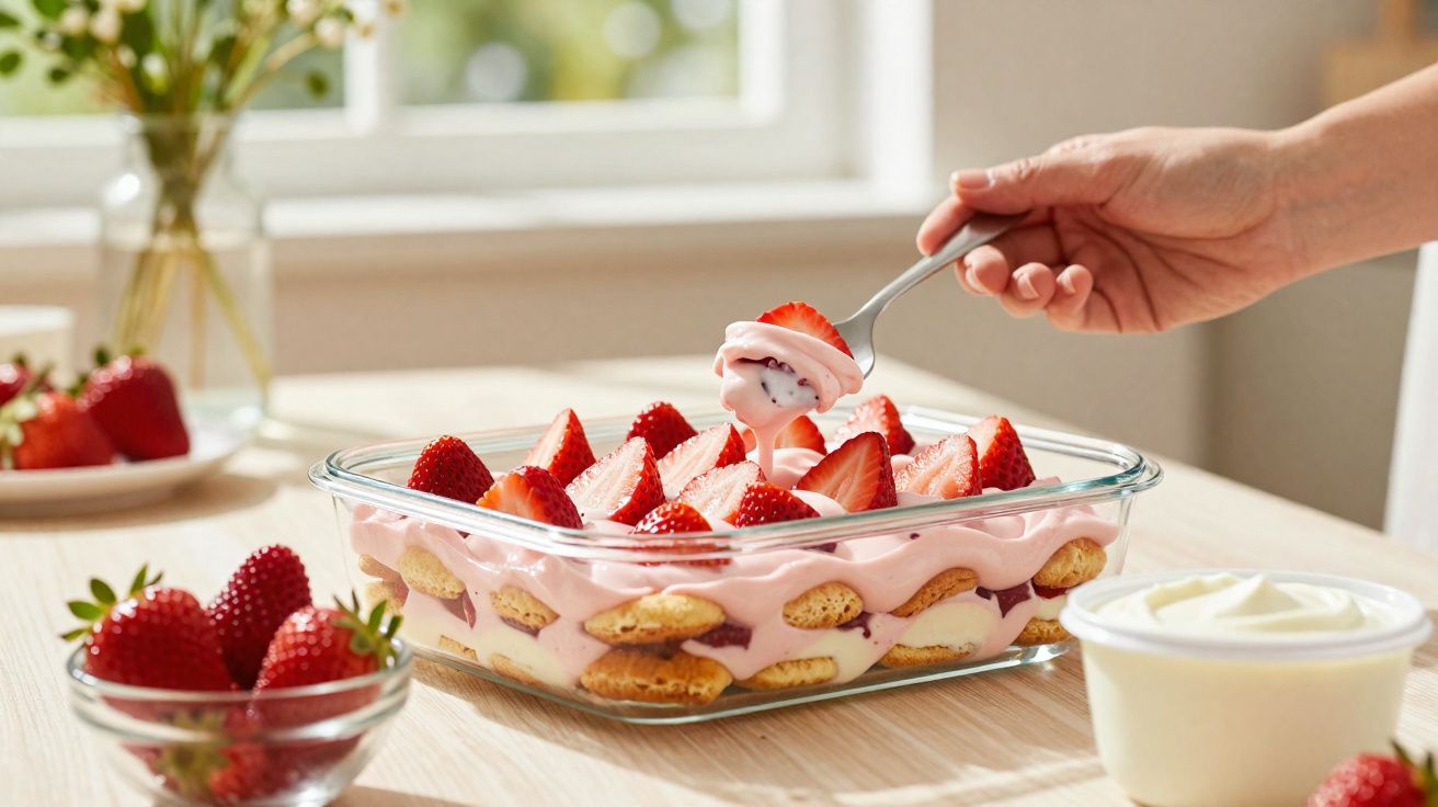 Sobremesa de morango com creme rosado e biscoitos em travessa de vidro sobre mesa clara.