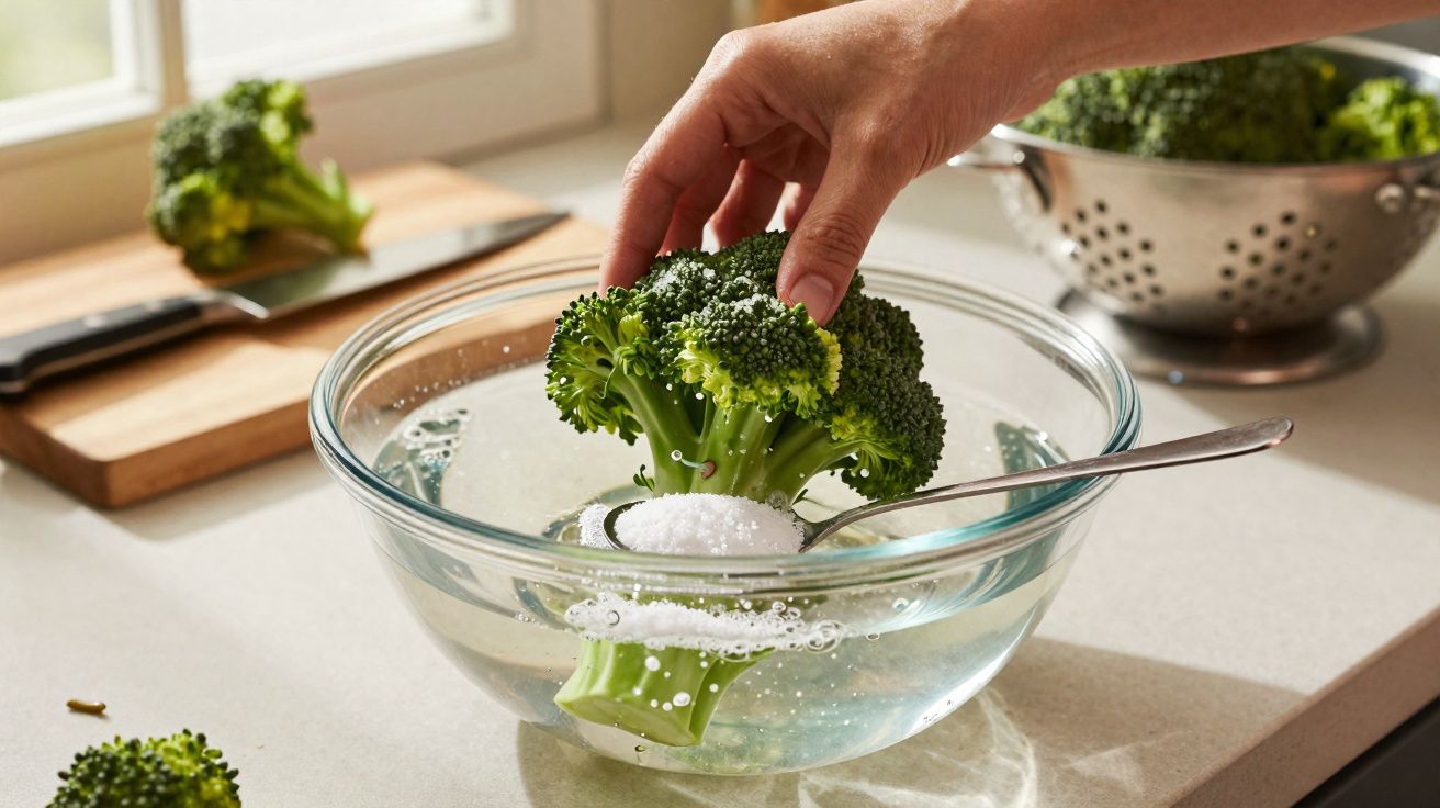 Pessoa lavando brócolis em tigela de vidro com colher de sal sobre pia iluminada pela luz natural.