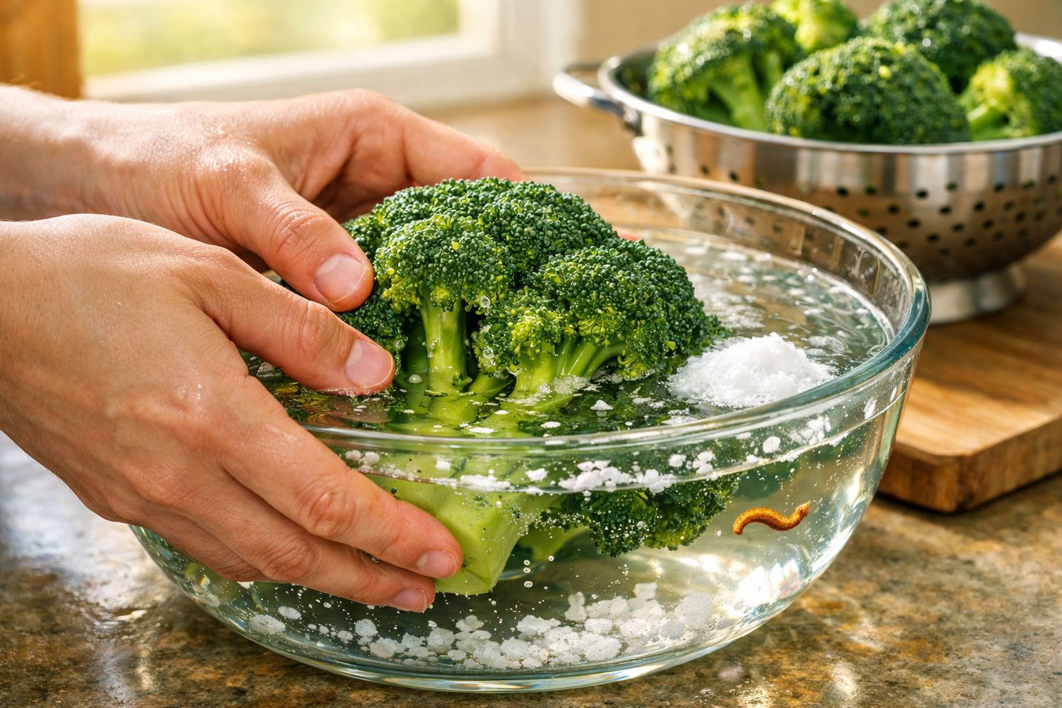 Mãos lavando brócolis em uma tigela de vidro com água e bicarbonato de sódio na bancada da cozinha.