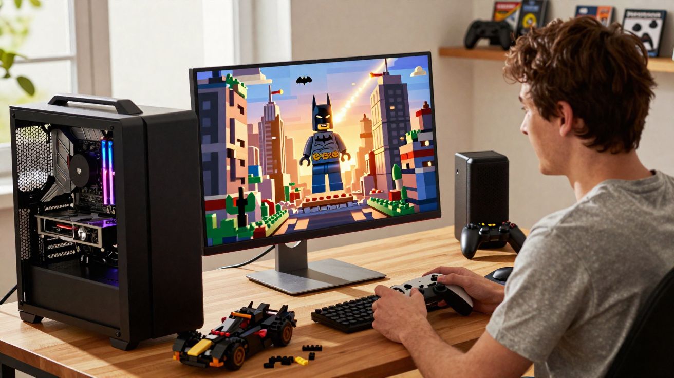 Homem jogando videogame no computador com imagem de Lego Batman na tela e carro de Lego na mesa.