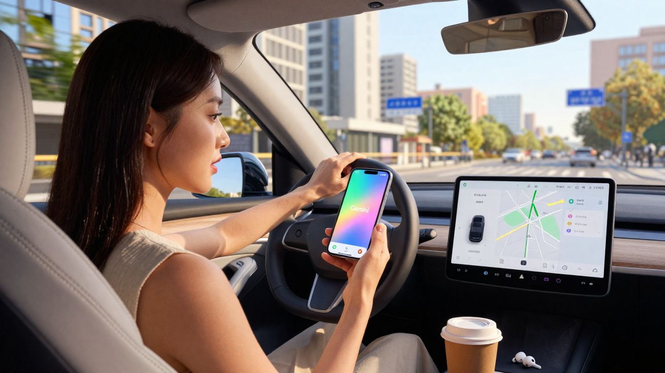 Mulher dirigindo carro equipado com tela digital e segurando smartphone com aplicativo aberto.