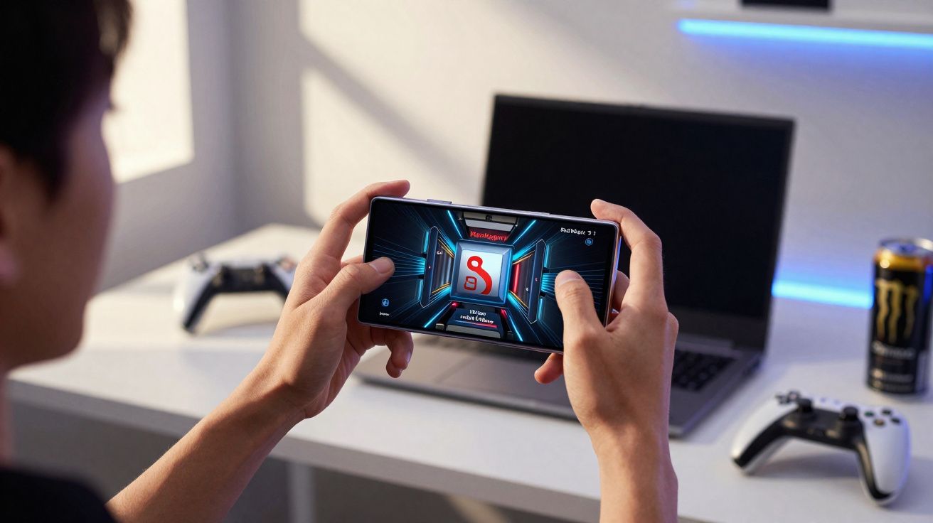 Pessoa segurando celular e jogando, com controles e notebook ao fundo sobre mesa branca.