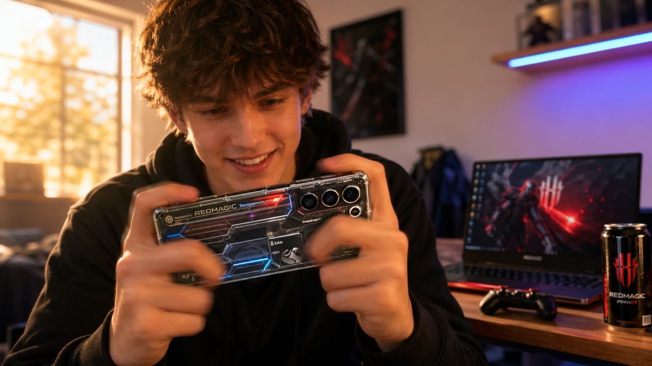 Jovem sorridente jogando em smartphone RedMagic em ambiente interno com laptop e energia RedMagic ao fundo.