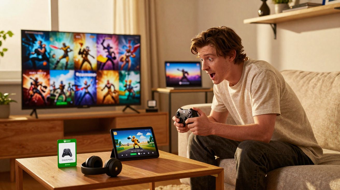 Jovem animado jogando videogame com controle, tablet e televisão em sala de estar moderna.