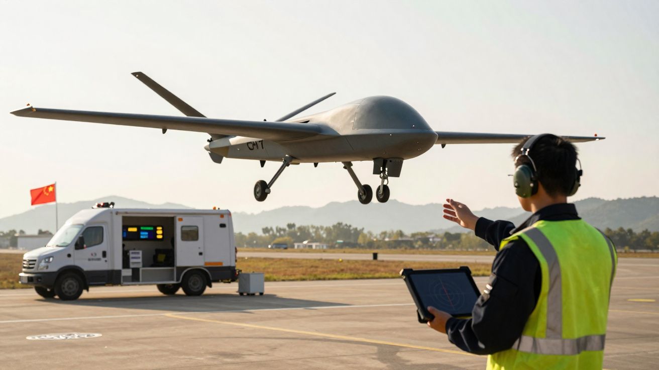 Homem com colete refletivo controla drone cinza em pista com veículo branco ao fundo e bandeira vermelha.