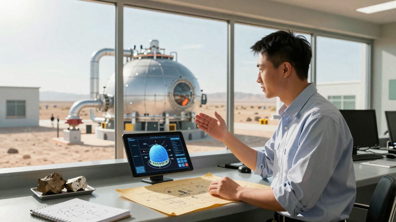 Homem analisando projeto tecnológico em mesa com laptop e maquetes, com equipamento industrial ao fundo.