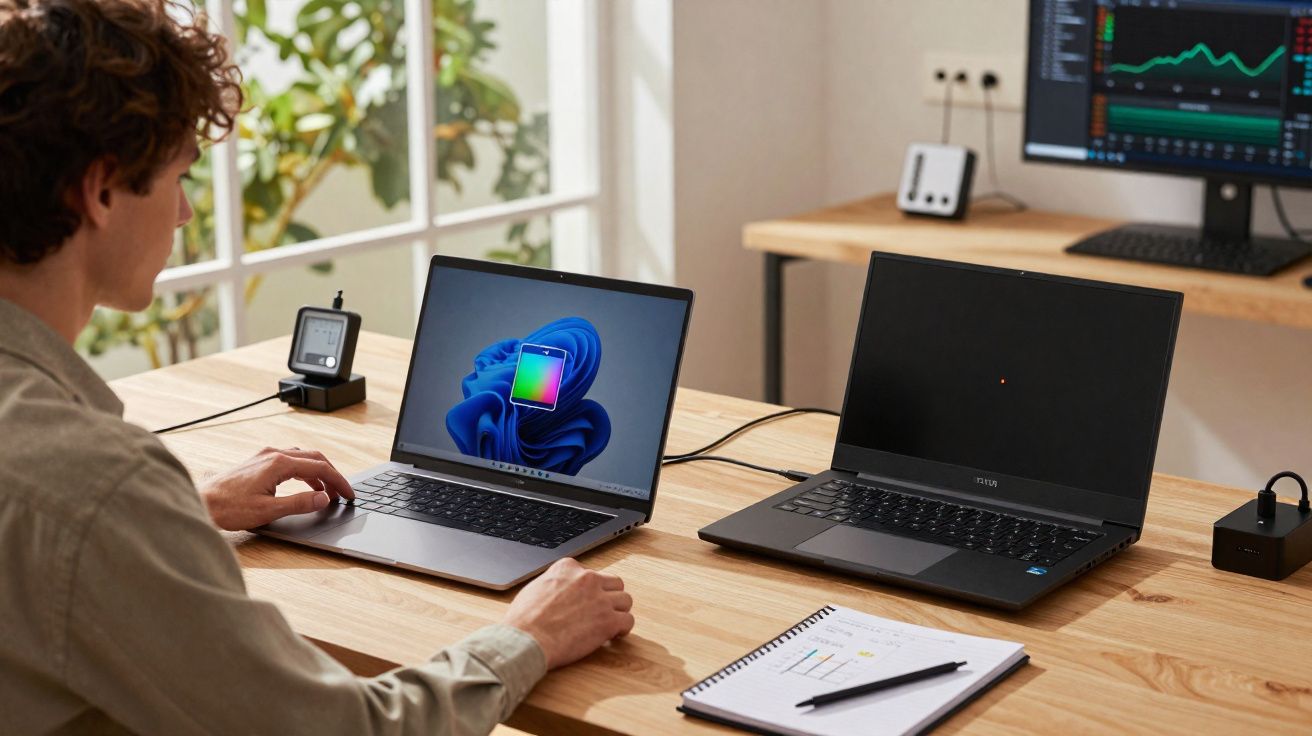 Pessoa usando laptop com outro laptop desligado e notebook com gráficos sobre mesa de madeira em escritório.