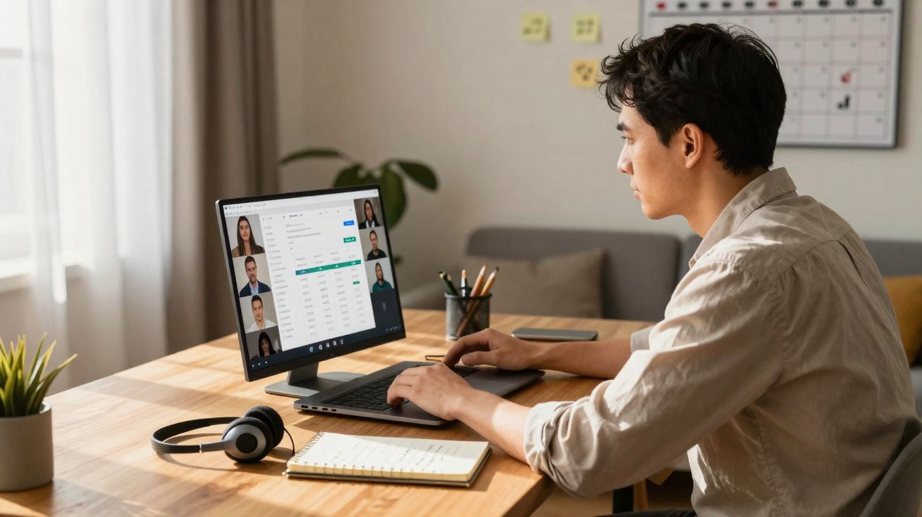 Jovem usando laptop e monitor em mesa de madeira, participando de videoconferência em ambiente de escritório.