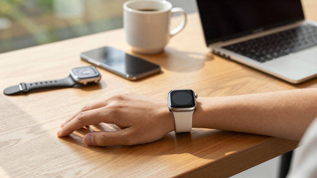 Braço com relógio inteligente branco apoiado em mesa com café, celular, relógio e notebook ao fundo.