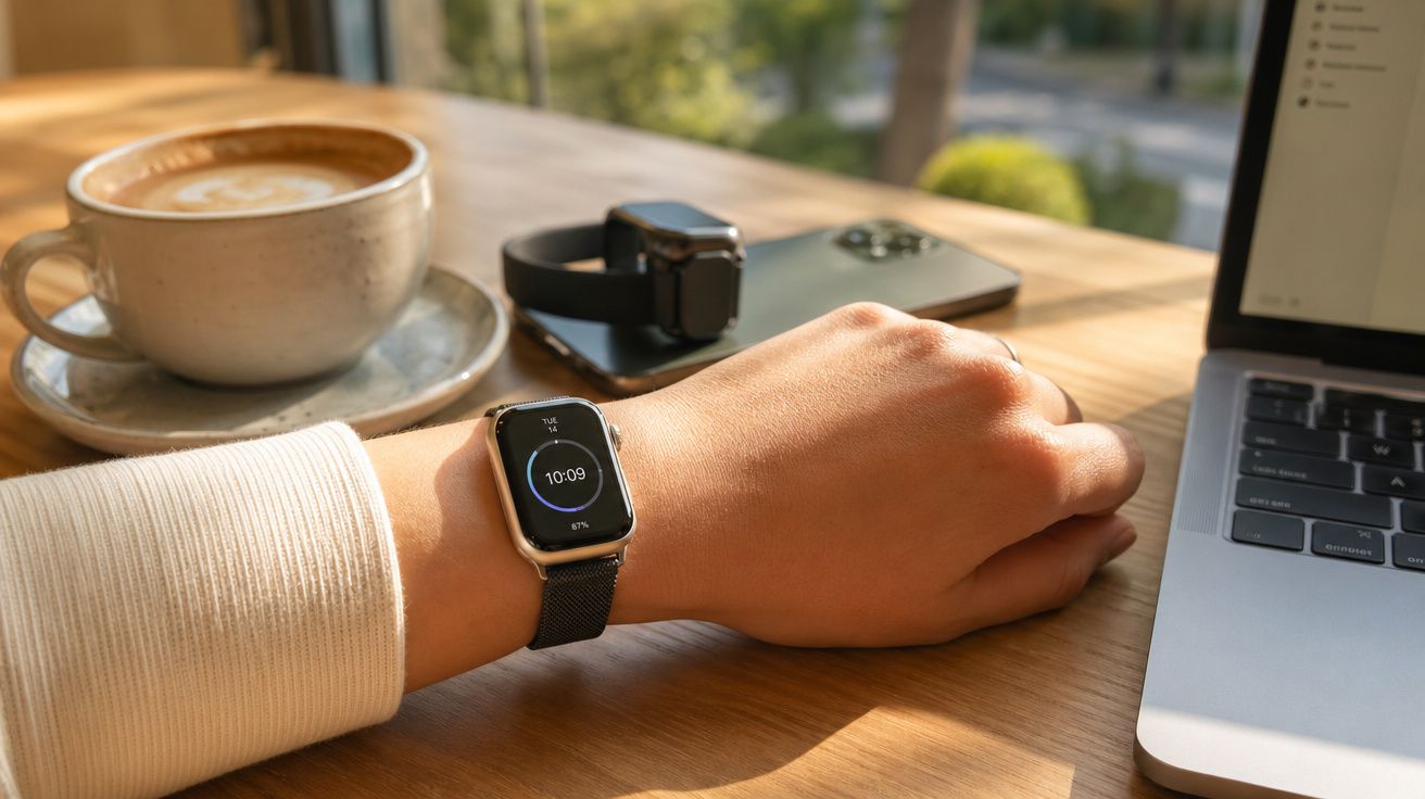 Pessoa com relógio inteligente no pulso ao lado de café, celular, relógio e notebook em mesa de madeira.
