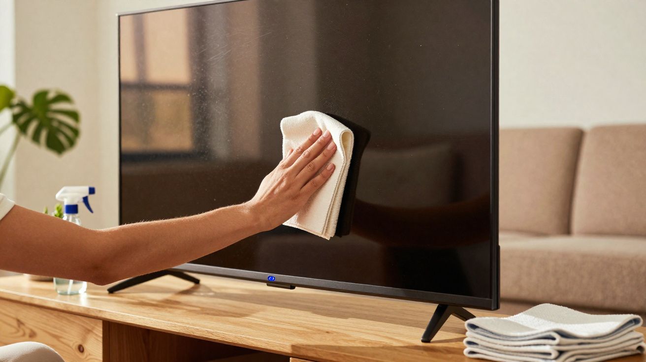 Pessoa limpando a tela de uma televisão com pano branco em sala de estar.