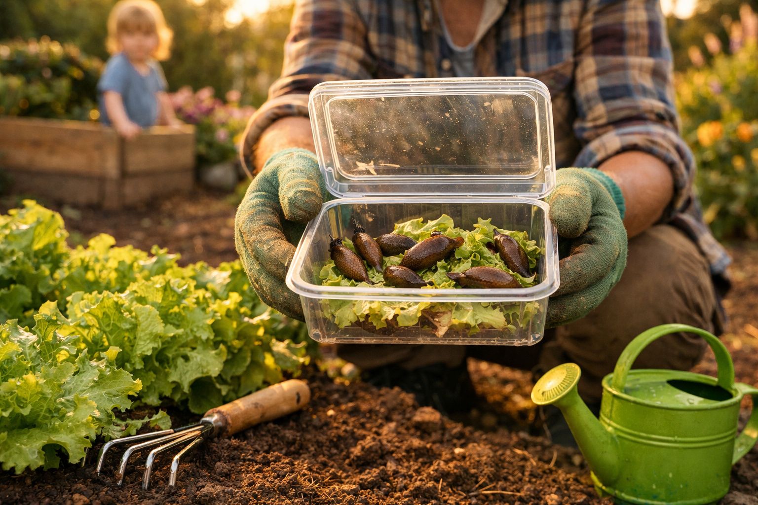 Pessoa com luvas segurando recipiente plástico com lesmas sobre folhas de alface em horta.