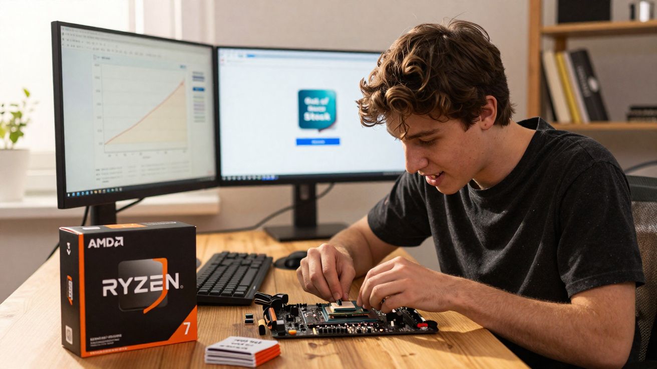 Jovem montando computador com peça AMD Ryzen 7 sobre a mesa em ambiente de escritório.