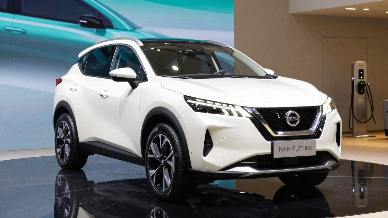 Carro branco Nissan NX8 Future em exposição, com design moderno e carregador elétrico ao fundo.