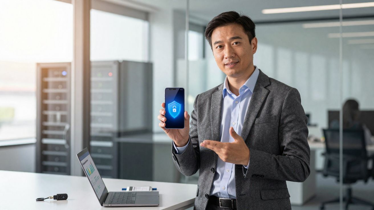Homem de terno em escritório mostrando celular com ícone de cadeado na tela indicando segurança digital.