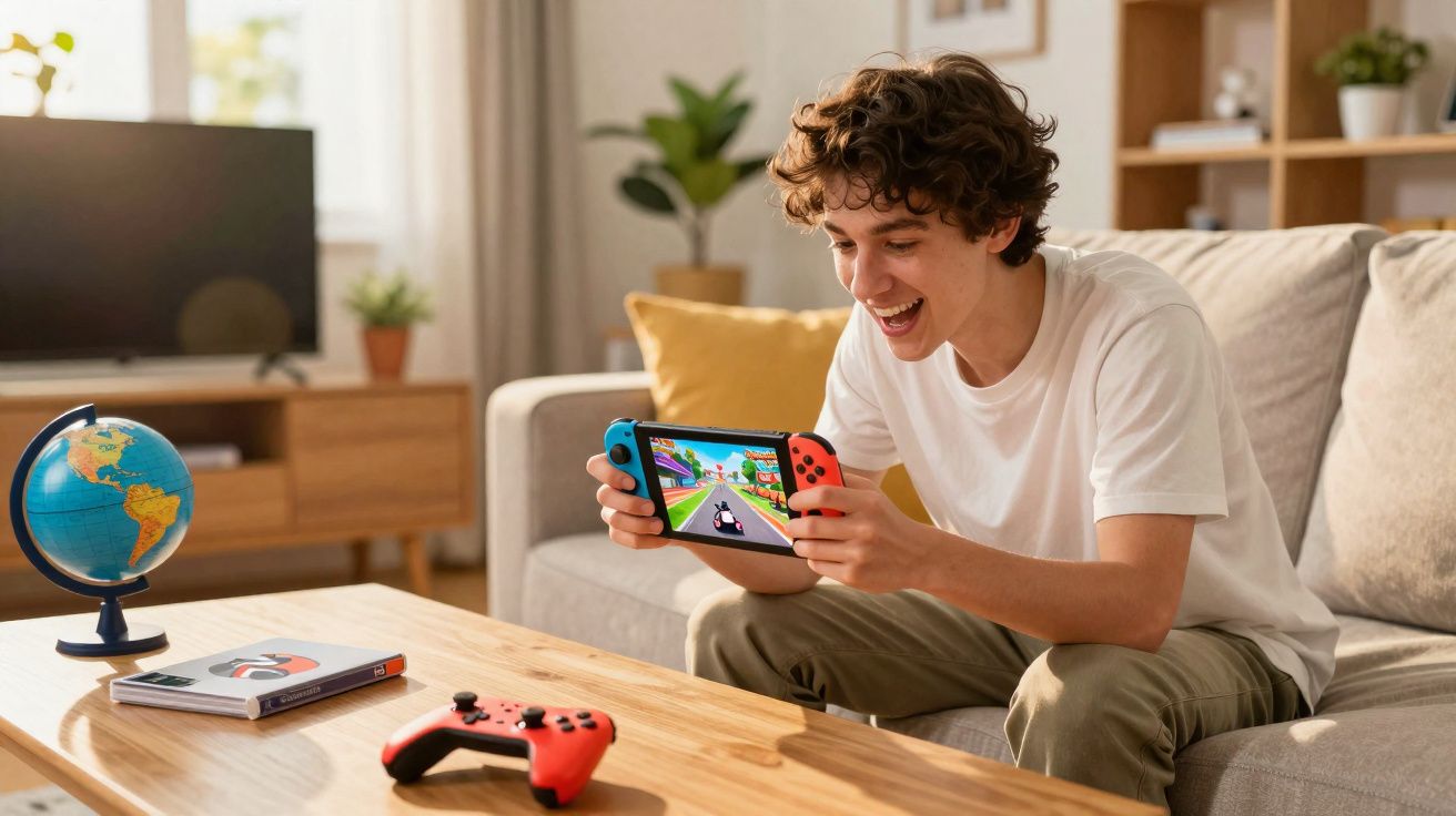 Jovem sorrindo jogando videogame em console portátil sentado em sofá em sala de estar iluminada.