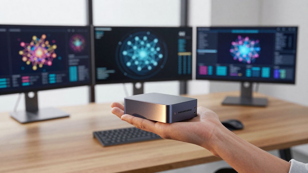 Pessoa segurando mini computador à frente de três monitores com gráficos digitais em mesa de escritório.