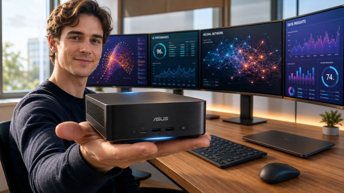 Homem segurando mini PC Asus com três monitores exibindo dados e gráficos em mesa de escritório.