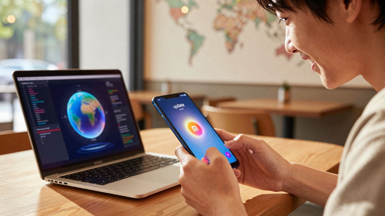 Pessoa usando smartphone com laptop ao fundo exibindo imagem digital de globo terrestre em mesa de madeira.