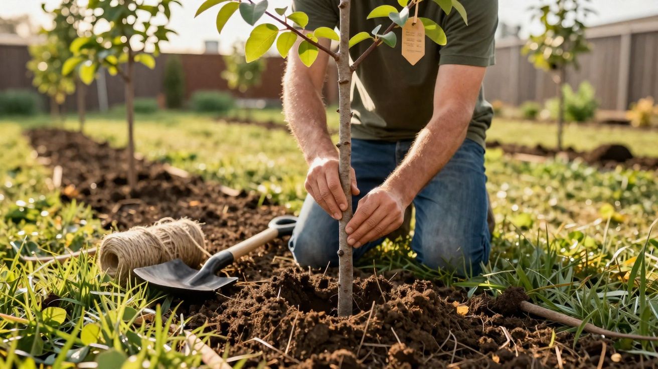 Pessoa ajoelhada plantando muda de árvore em jardim com pá e corda ao lado durante o dia.