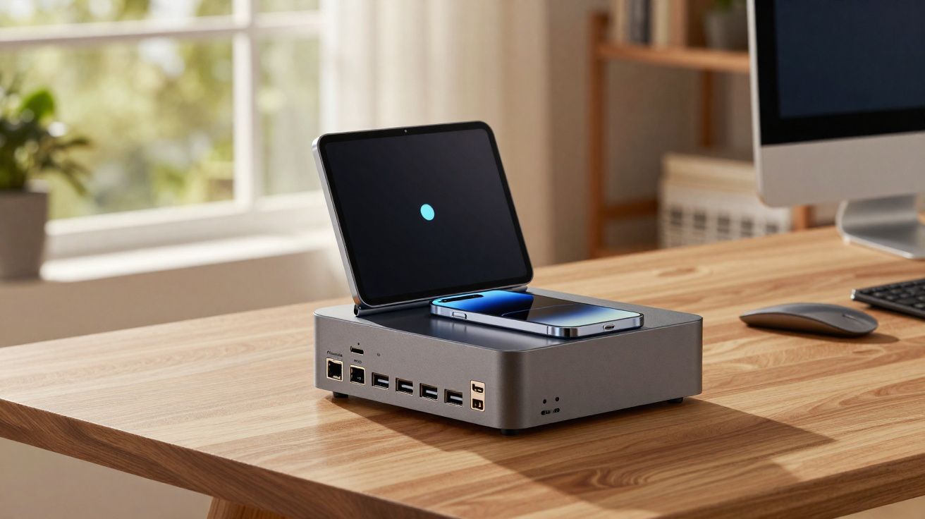 Mini computador com portas USB, carregador sem fio com tablet dobrado e celular em mesa de madeira.