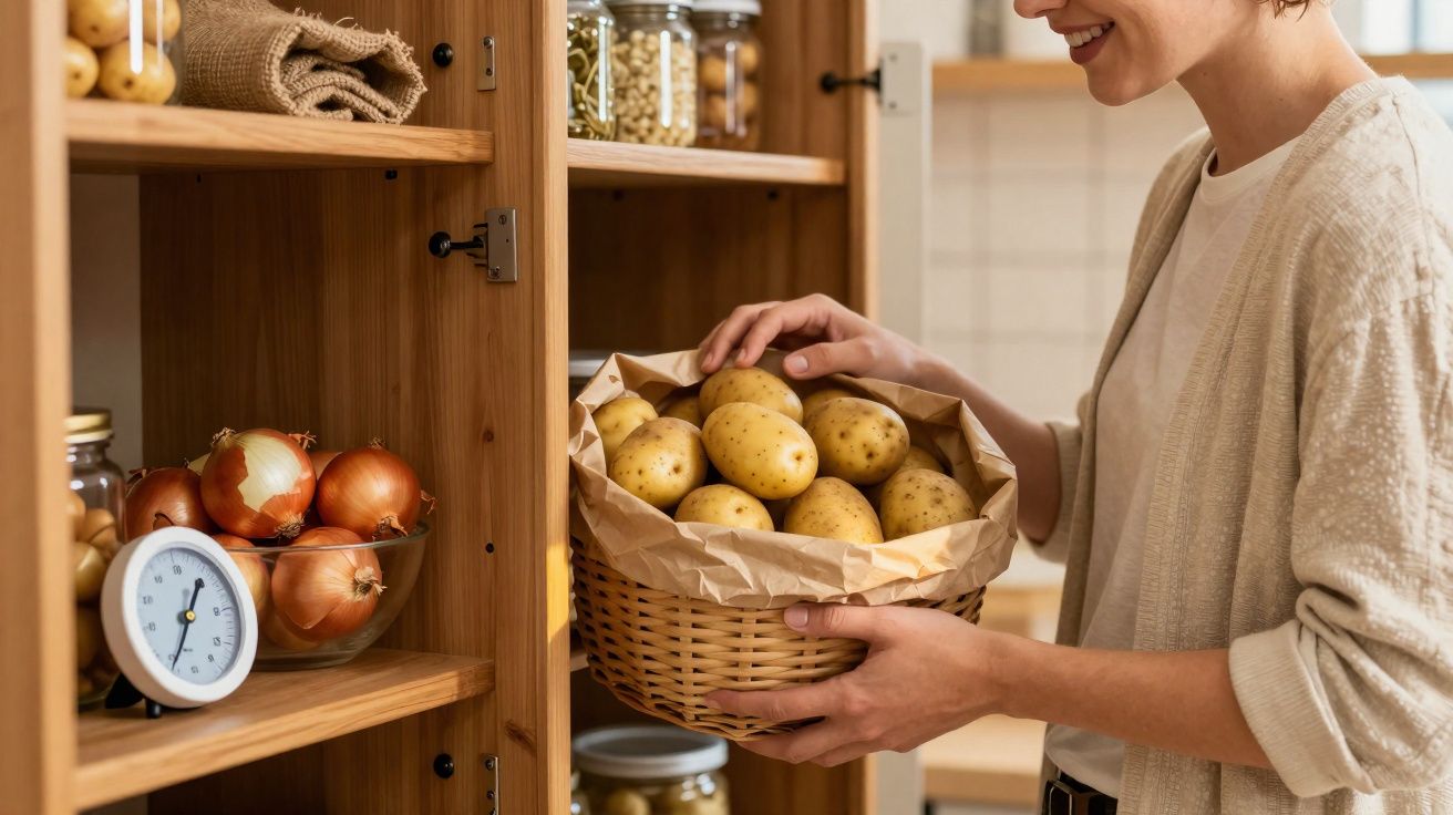 Pessoa segurando cesta com batatas em despensa de madeira com cebolas e potes de mantimentos.