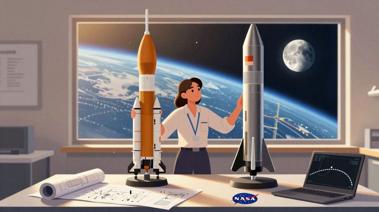 Mulher em escritório com dois modelos de foguetes, pranchetas e laptop, vista da Terra e Lua ao fundo.