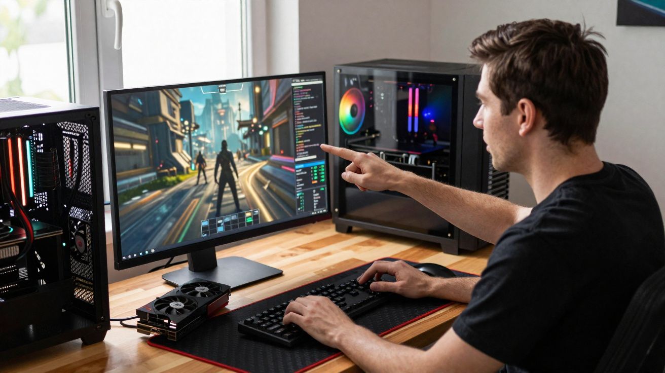 Homem sentado em mesa usando computador para desenvolver ou jogar videogame com setup de PC gamer.