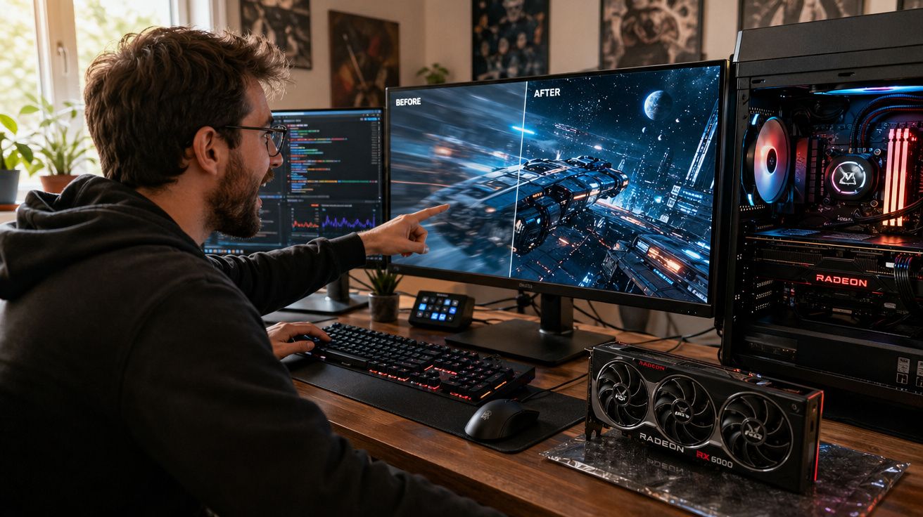 Homem analisando imagem de jogo em tela dividida antes e depois de melhora gráfica com placa Radeon na mesa.
