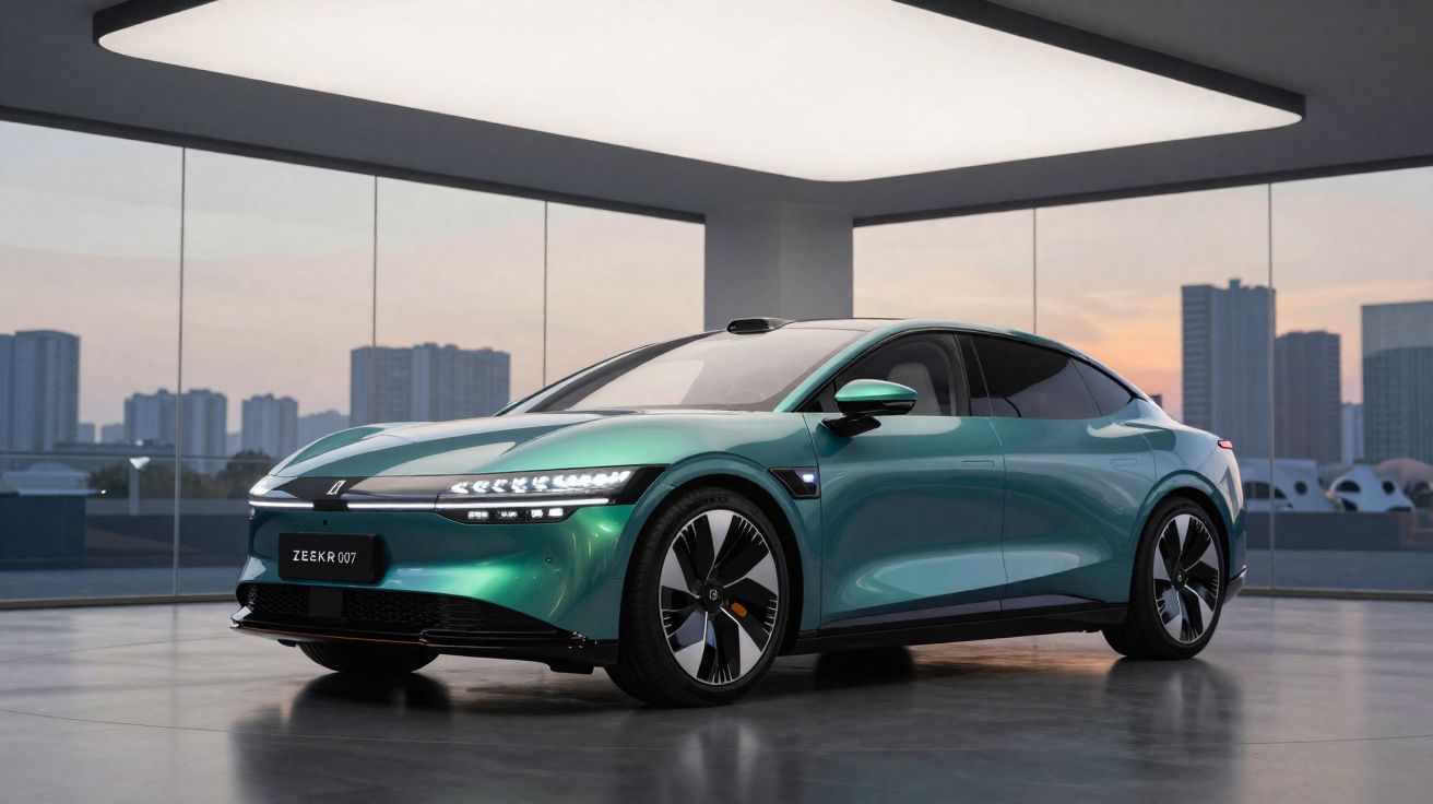 Carro elétrico verde metálico Zeekr 007 em ambiente moderno com janelas panorâmicas e vista da cidade ao entardecer.