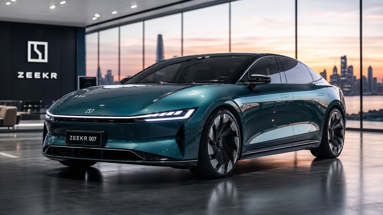 Carro elétrico Zeekr 007 verde metalizado em showroom moderno com vidro e vista da cidade ao fundo.