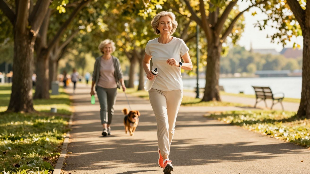 Mulher sorridente correndo em parque com camiseta branca, enquanto outra mulher caminha com cachorro ao fundo.