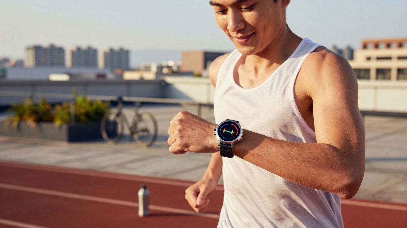 Homem correndo na pista e verificando relógio inteligente no pulso em dia ensolarado.