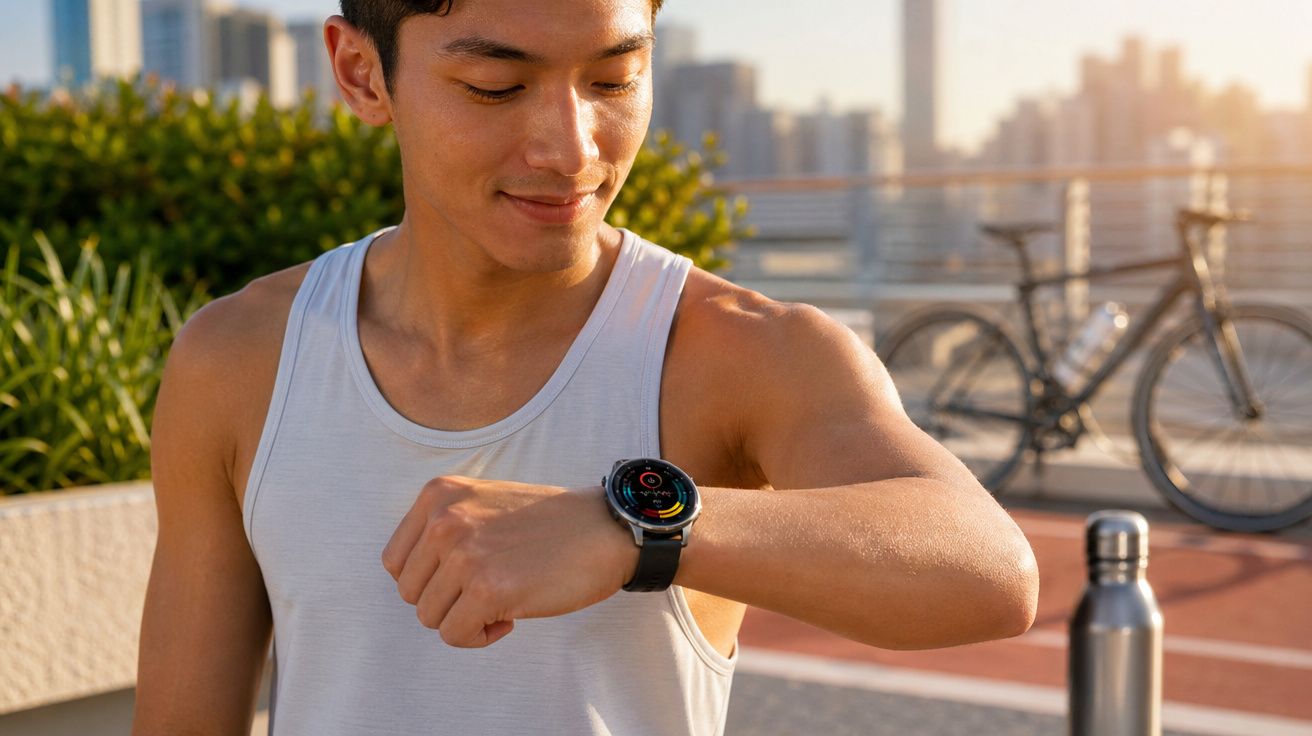 Homem com regata branca olhando smartwatch durante exercício ao ar livre ao pôr do sol.