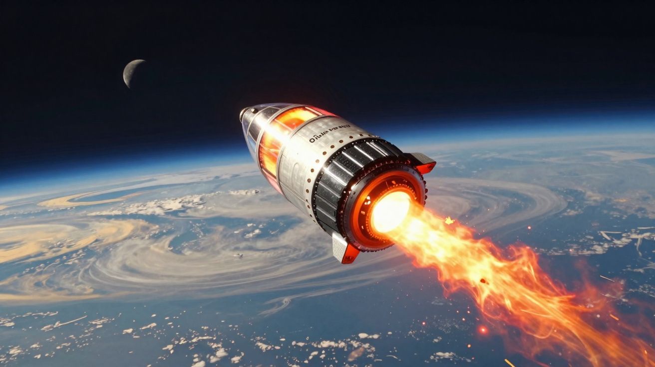 Foguete espacial com propulsão de fogo voando sobre a Terra com a Lua ao fundo no espaço.