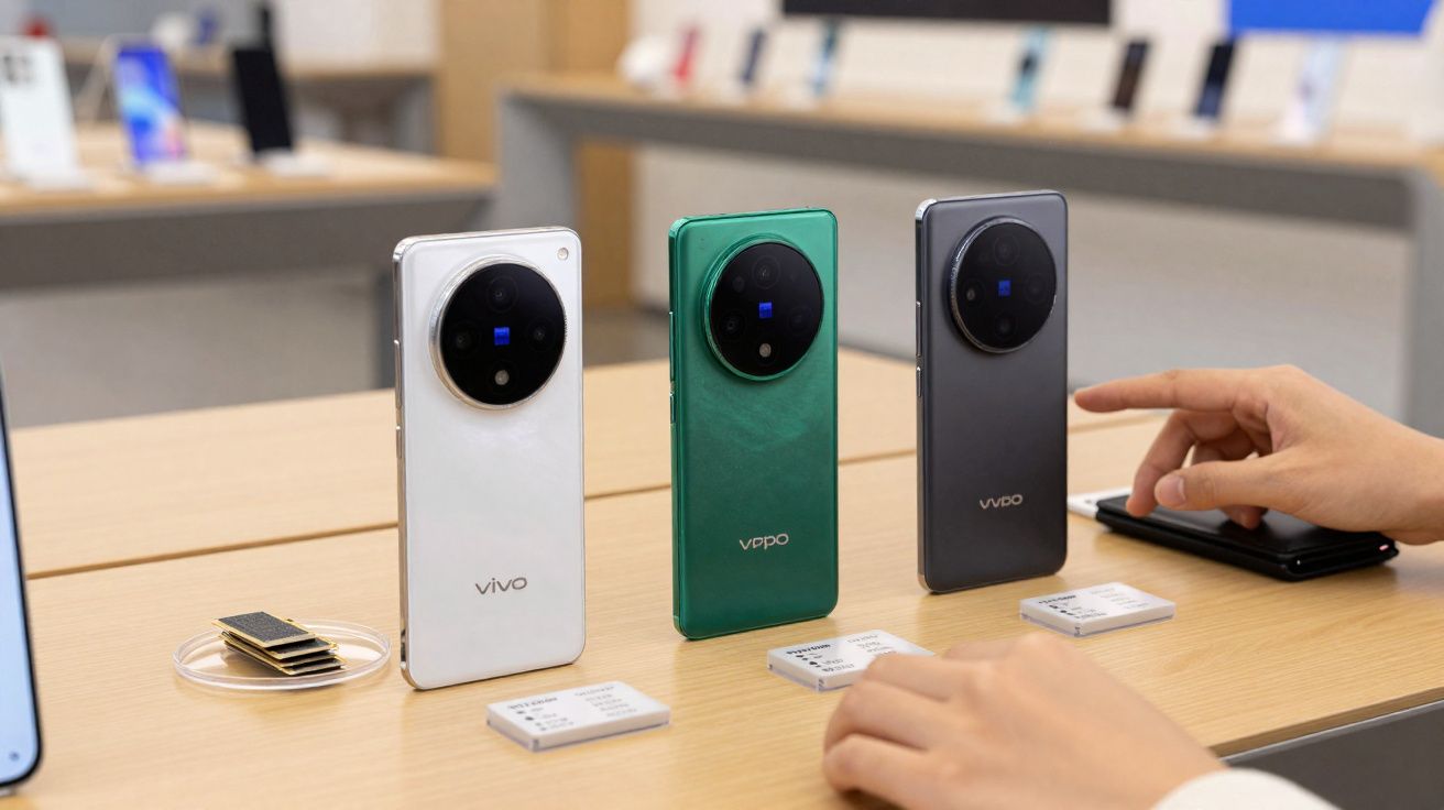 Três smartphones Vivo em cores branca, verde e cinza expostos sobre mesa em loja.