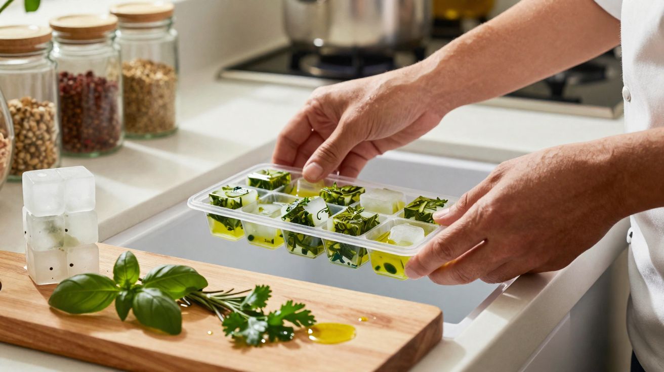 Pessoa colocando cubos de gelo com ervas em bandeja para congelar na cozinha.