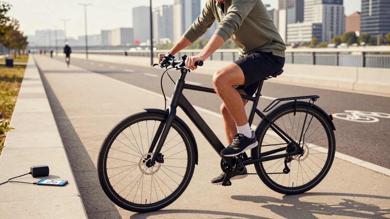 Pessoa andando de bicicleta elétrica preta em ciclovia urbana com prédios ao fundo em dia ensolarado.