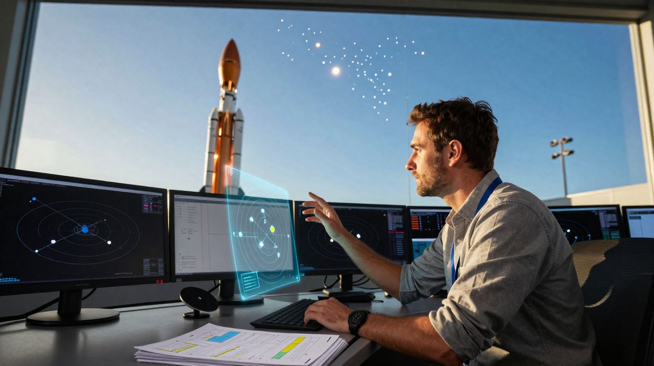 Homem operando computador com gráficos espaciais e foguete ao fundo durante o dia.