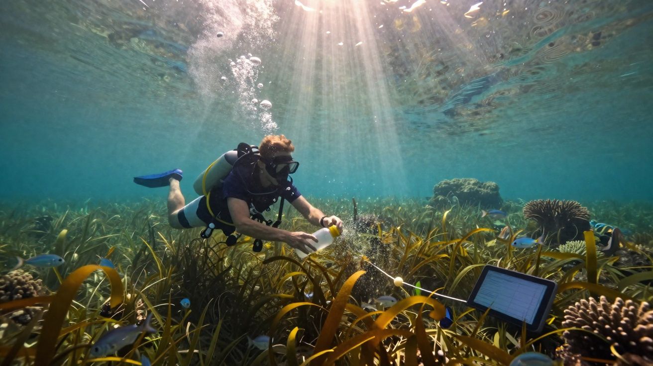 Mergulhador cientista coleta amostra de água em área subaquática com plantas e equipamentos de pesquisa.
