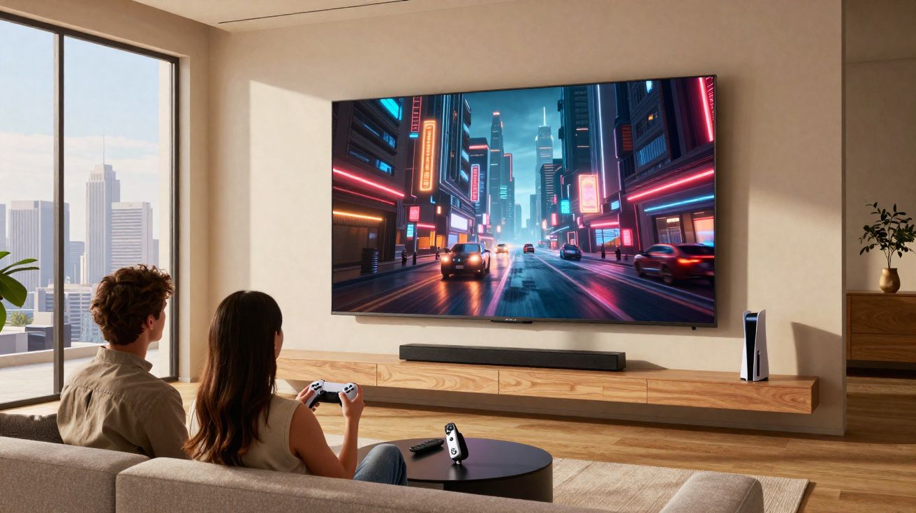 Casal sentado no sofá jogando videogame em sala moderna com TV grande exibindo cidade futurista neon.