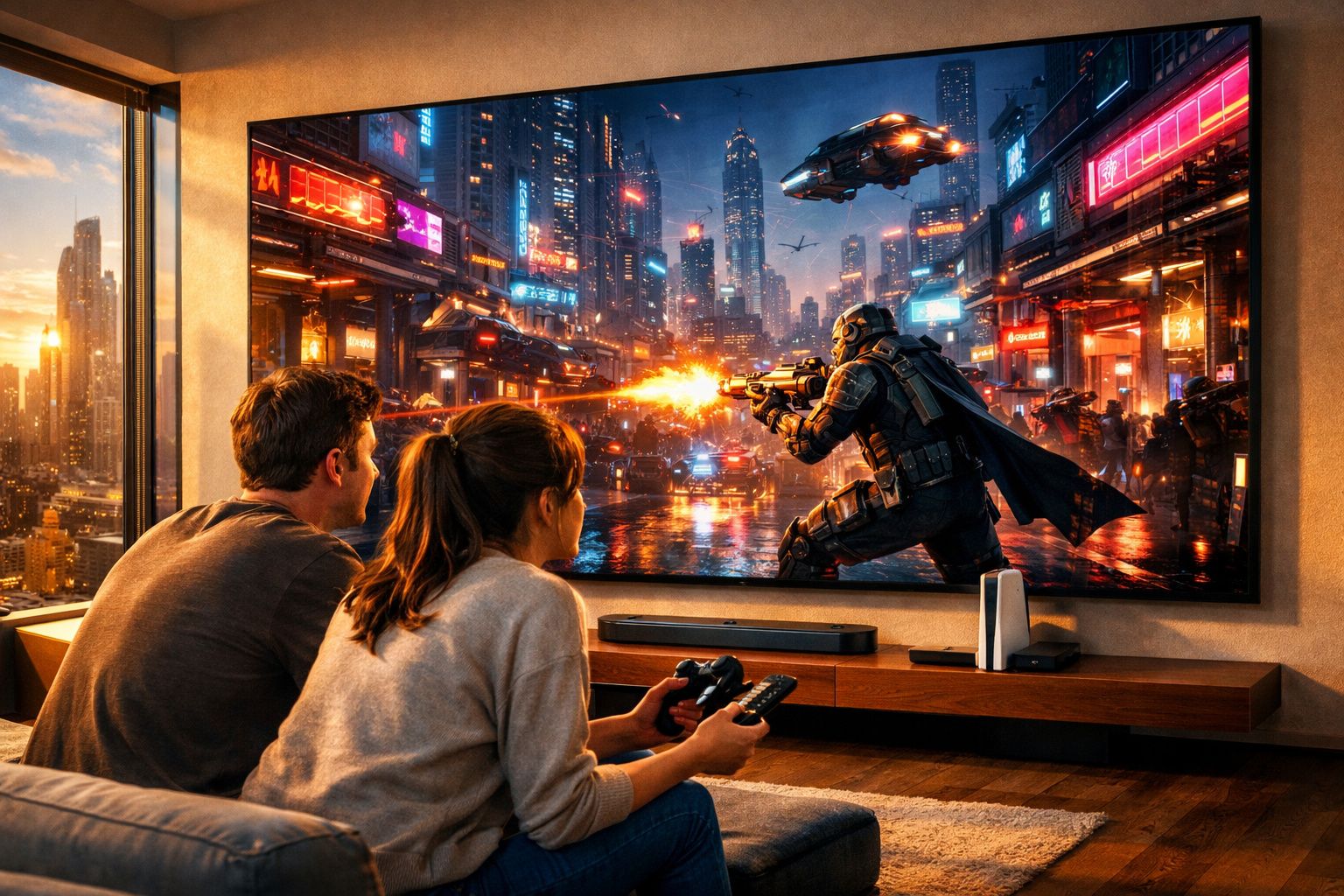 Casal jogando videogame de ação futurista em sala com televisão grande e ambiente aconchegante.