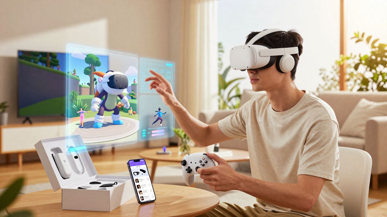 Jovem em casa usando headset de realidade virtual e controle para interagir com hologramas de jogo digital.