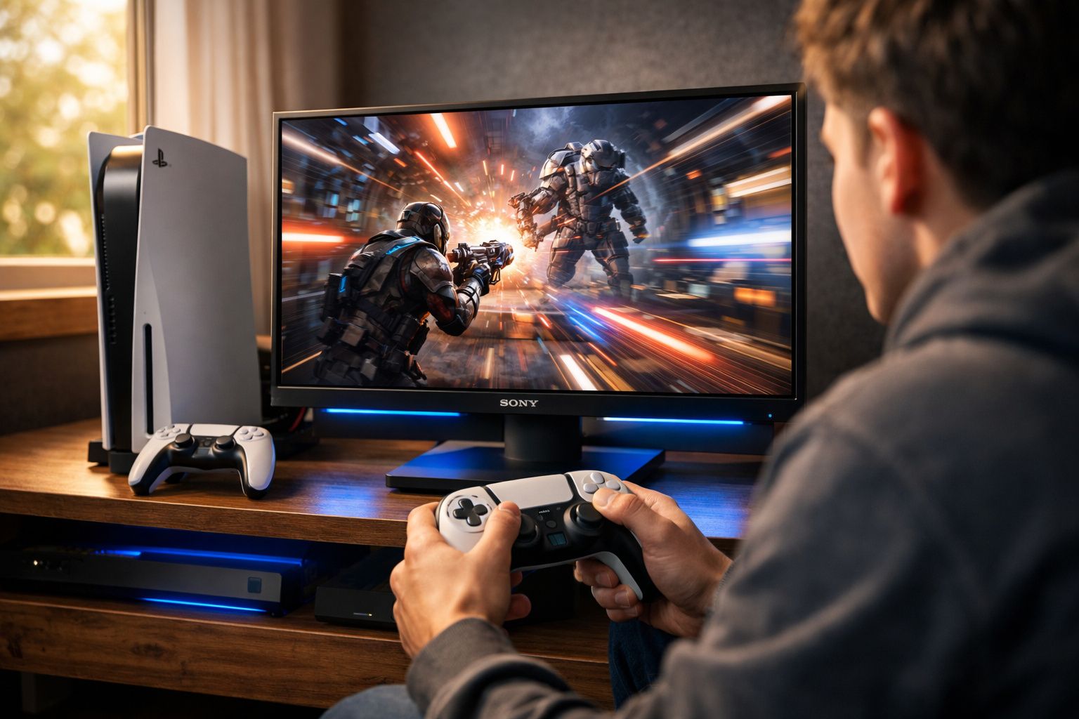 Pessoa jogando videogame de tiro futurista em monitor com controle PlayStation 5 na mão.