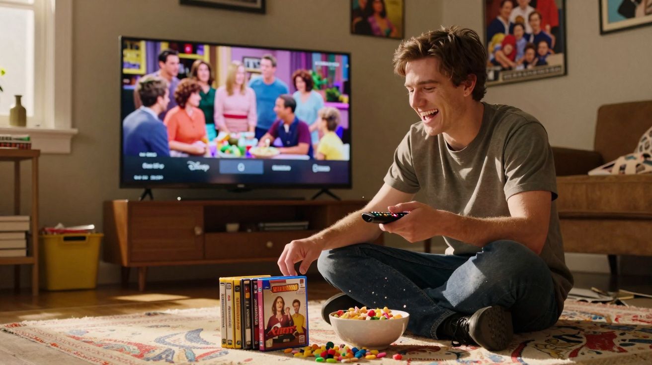 Jovem sentado no chão da sala assistindo TV, rodeado por DVDs e com tigela de doces ao lado.