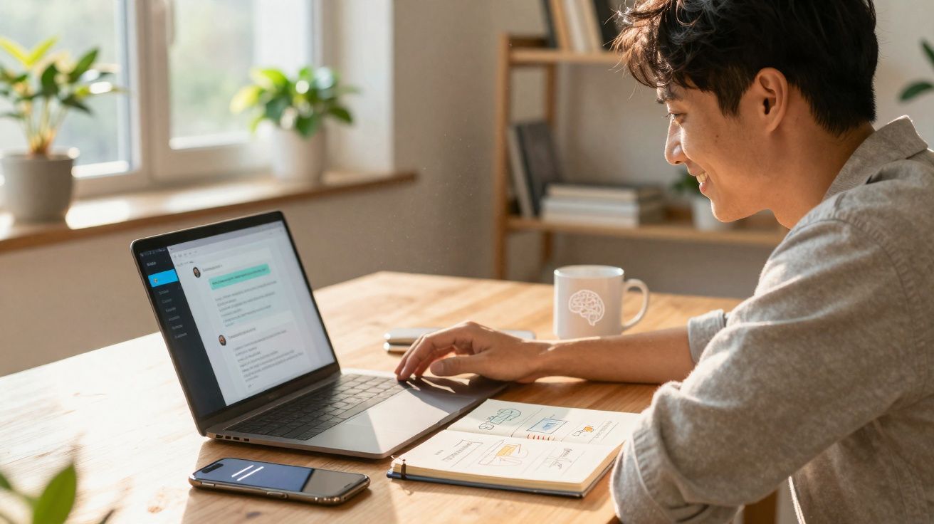 Pessoa sorrindo enquanto trabalha no laptop com caderno e celular em mesa de madeira à luz natural.