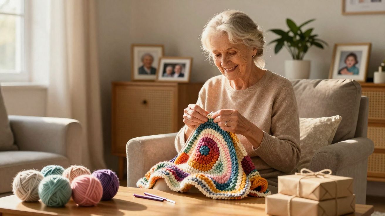 Mulher idosa sorridente fazendo crochê com lã colorida sentada em sala aconchegante.